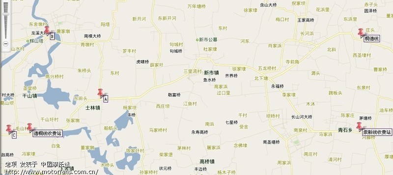 走德桐公路经过新市后,到a点右转,过钟管镇b,过干山镇到c点向右转