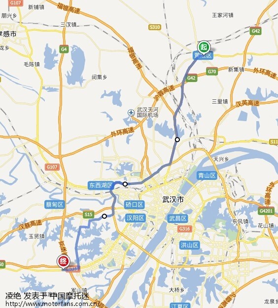 国道至黄陂,上岱黄高速(有收费站,可走摩托车,收费二十元),至武汉三环